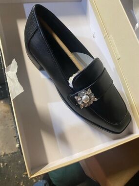 Black Leather Embellished Low Heel Loafer
